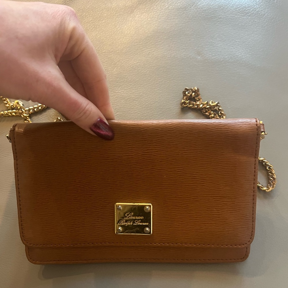 ralph lauren tan leather crossbody purse with gold chain